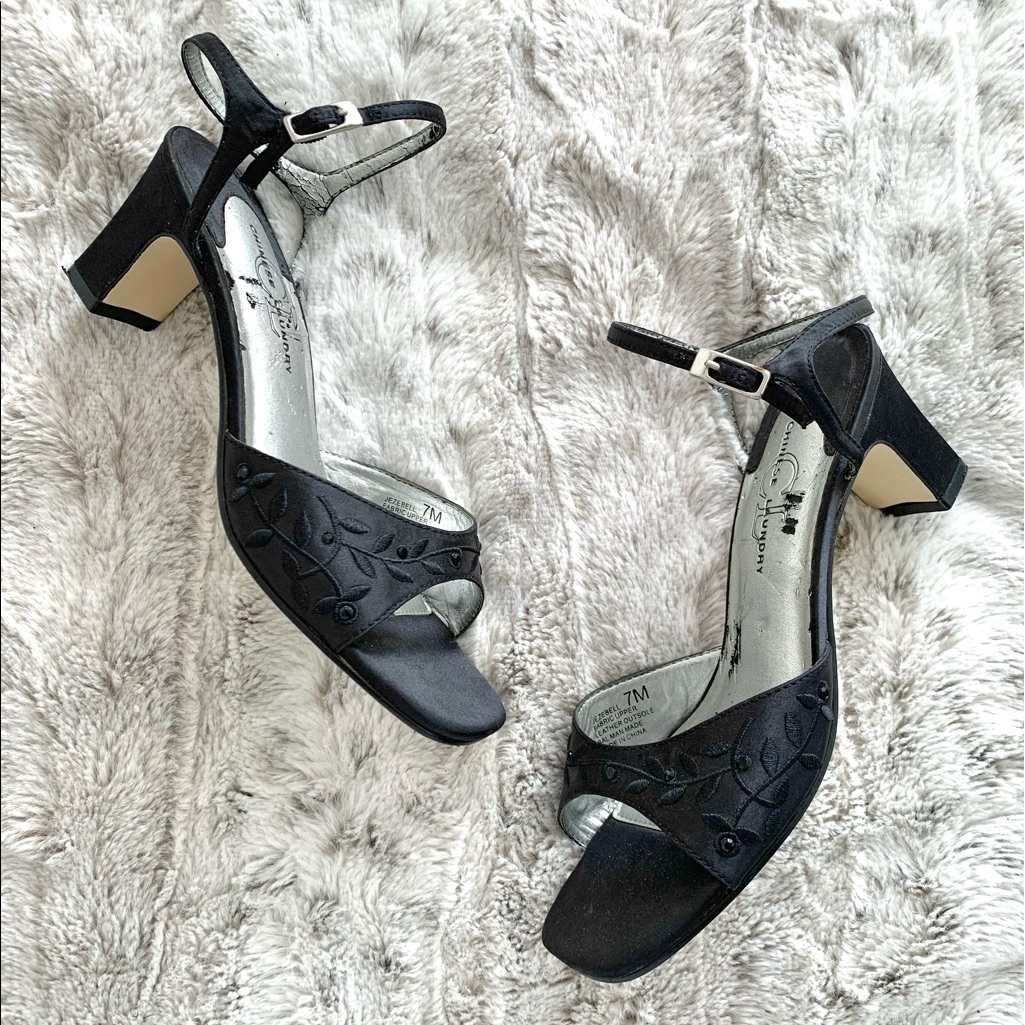 Vintage Square Toe Black Satin Ankle Strap Heels